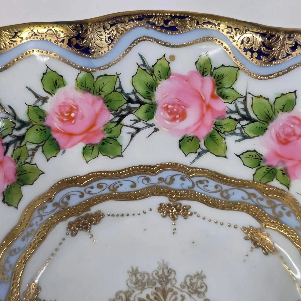 Antique Nippon IE&C Co Hand Painted 4-Footed Porcelain Bowl Cobalt Pink Roses 9